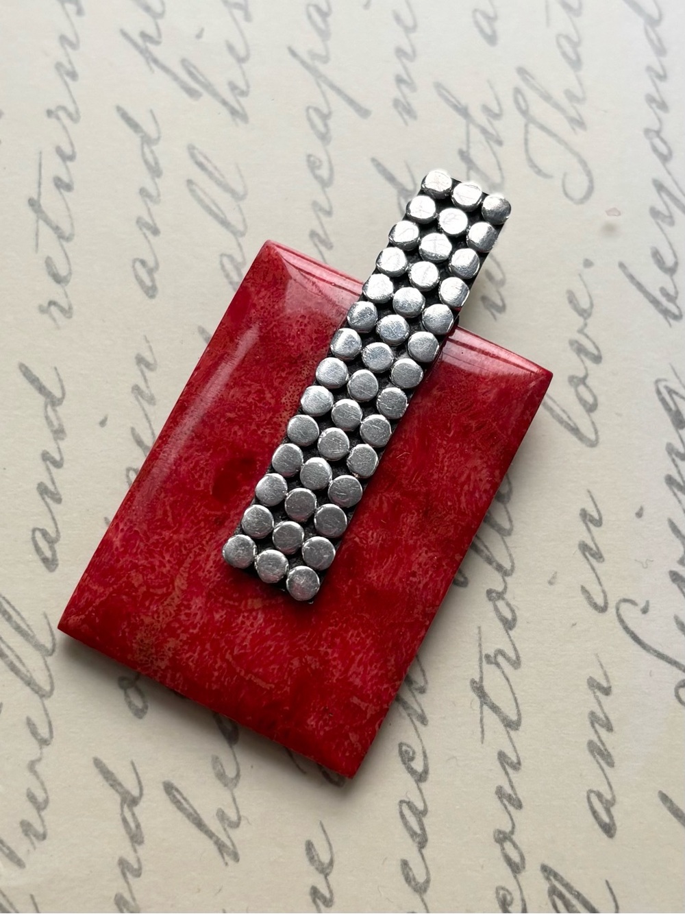 Large Rectangular Red Sponge Coral  Pendant with Sterling Silver Dot Accent